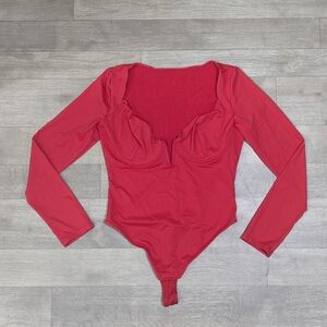 Popilush Shapewear Long Sleeve Lace Trim V-Neck Slimming Red Bodysuit Size XL
